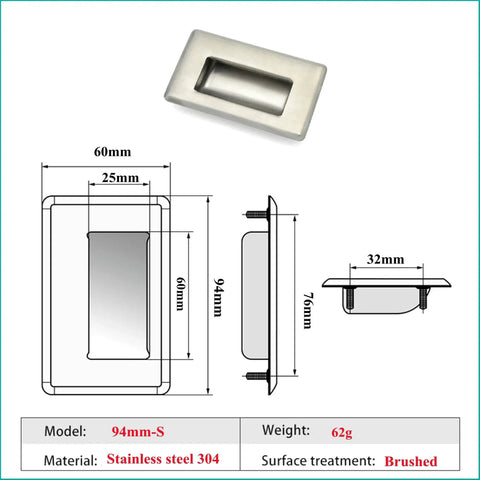 Dimensions and design of Hidden Recessed Pull Handle Set, Stainless Steel Square Flush Concealed Furniture Handles diagram.
