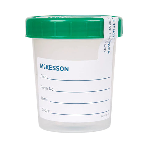 General purpose specimen container, 4 oz sterile HDPE with green screw-on lid; McKesson label fields