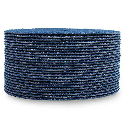 Stack of blue Zirconia Resin Fiber Sanding Discs 4.5 Inch 36 Grit 25 Pack For Metal Wood Fiberglass 0.875 Inch Arbor