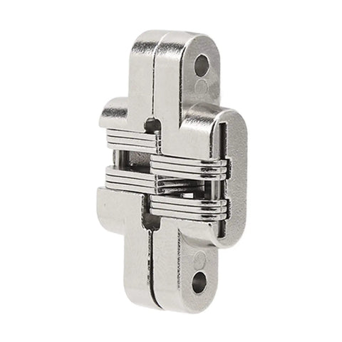 1.7 inch Zinc Alloy Tiny Cross Hidden Hinges Set 4Pcs for jewelry boxes and cabinets, compact invisible hinge on white background.