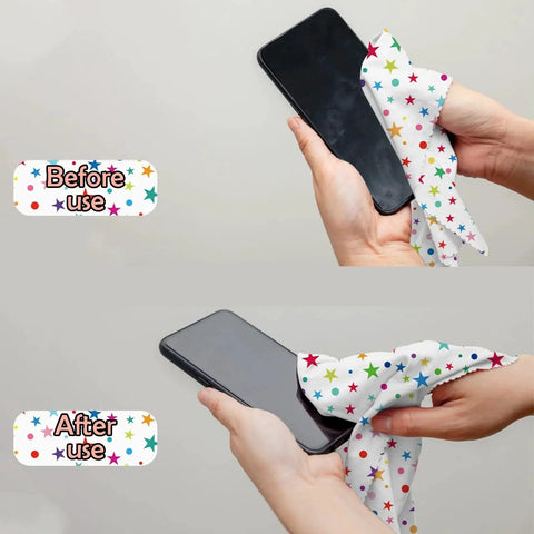 Six Pack Microfiber Cleaning Cloths For Eyeglasses And Devices Moon Star Pattern used on smartphone screen before and after.