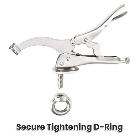 Metal clamp with locking mechanism and D-ring for secure tightening, suitable for welding tables and woodworking applications.