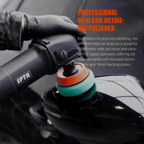 Mini Car Polisher Kit For Auto Detailing With 750W Buffer, polishing a black car's surface using a detail pad