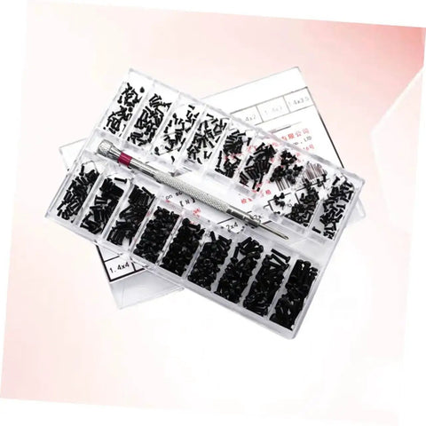 Two Piece Miniature Screw Set With Countersunk Round Screws, DIY Friendly, organized in a transparent storage box with 18 sizes on display.