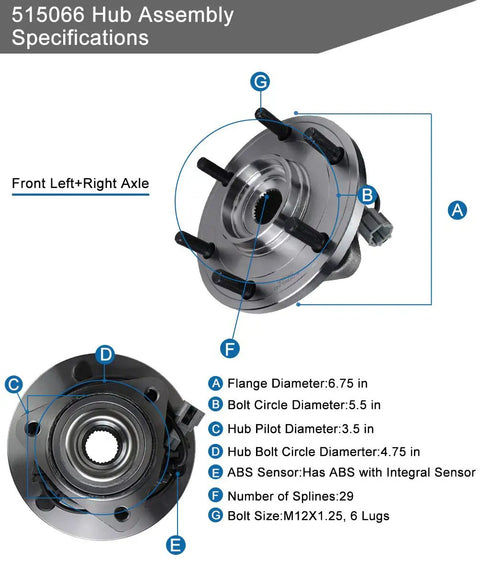 Front Wheel Bearing Hub Assembly 515066 6 Lug With ABS for Nissan Titan, showing specifications and design details.