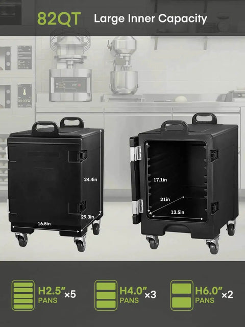 Insulated Food Warmer Carrier Set Of 2 With Stackable Pans Four Wheels Including Two With Brakes Front Loading Door Opens To 270 Degrees