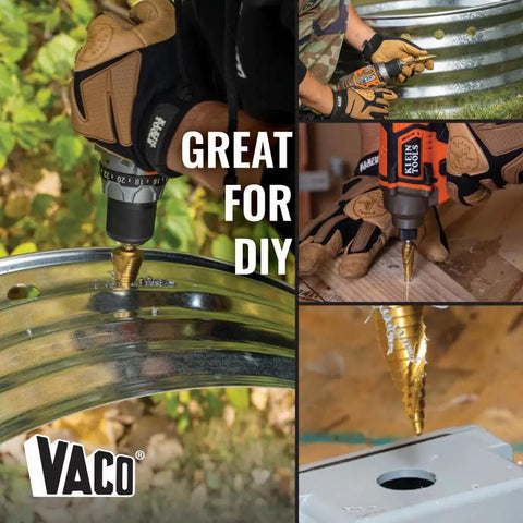 Step Drill Bit Set For Thin Metal Plastic Aluminum And Wood Seven Eighths To One And Three Eighths Inch in use with drill
