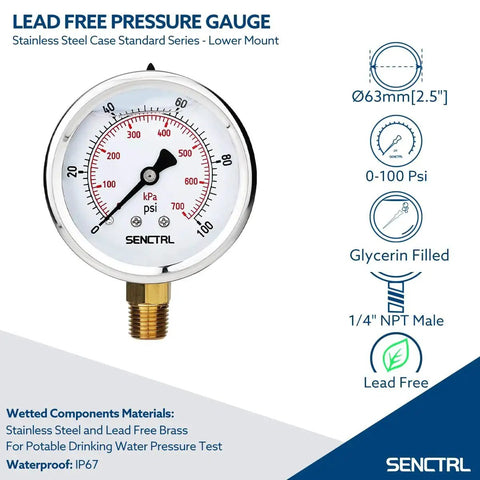 Lead-Free 100 Psi Glycerin-Filled Low-Pressure Gauge With 2.5 Inch Dial Stainless Steel Case 1/4 NPT Lower Mount