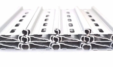 Rugged Aluminum DIN Rail Slotted RoHS Compliant, 20 Pieces, 6 Inch Long, 35mm Wide, 7.5mm High, Heavy Duty Mounting Rails stacked view