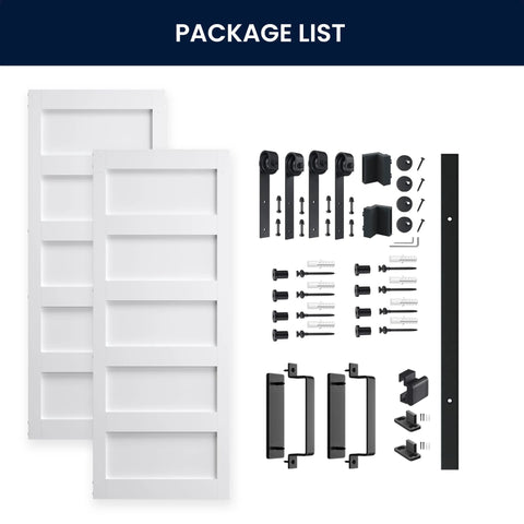 Double 32x84 White Barn Door With 11ft Sliding Door Hardware Kit, 5 Panel MDF Slab laid out with all parts included
