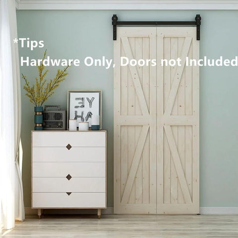 Bi Folding Sliding Barn Door Hardware Kit For Double 16 Inch Bifold Doors with matte black rollers and wall mount.