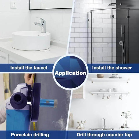 Four And A Half Inch Vacuum Brazed Diamond Core Drill Bit For Porcelain Tile Ceramic Marble Granite Dry Drilling With 5 By 8 By 11 Thread And Hole Saw Pro Grade Heavy Duty Tool By BRSCHNITT showing applications in bathroom and kitchen installations