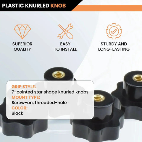Close-up of black knurled knobs with brass inserts, labeled for features, for 4 Pack M8 Knurled Thread Clamping Knobs With Brass Inserts.
