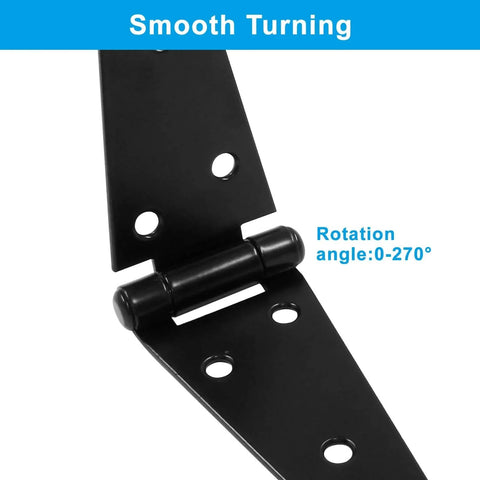 Close-up of black heavy-duty 6-inch tee style hinge with rotation angle, part of 4Pcs Strap Hinge Set For Doors And Gates.