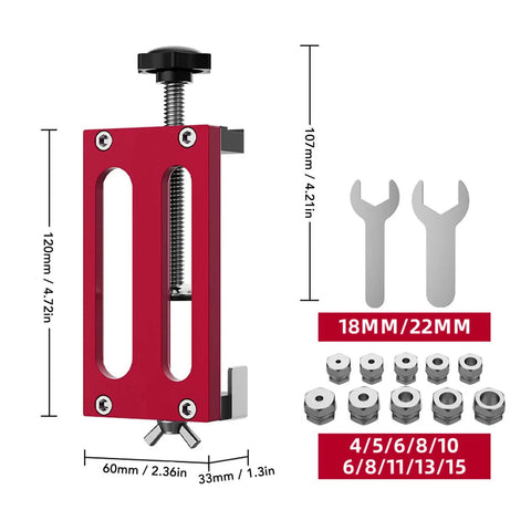 Pro Grade Dowel Hole Guide Aluminum Alloy Drill Jig with Ten Premium Sleeves for Four to Fifteen Millimeter Holes and wrenches