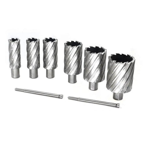 Heavy Duty Annular Cutter Set For Drill Press Six Pieces Three Quarters Inch Weldon Shank Two Inch Cutting Depth One To Two Inch Diameter Range HSS Slugger Bits Magnetic Drill Compatible With Two Pilot Pins JESTUOUS