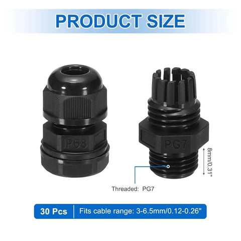 30 Pcs PG7 Cable Glands Adjustable 3-6.5mm PA6 Nylon IP68 Waterproof Connectors With Seals Anti-Corrosion For Rugged Heavy-Duty Industrial And Outdoor Electrical Systems Black, showing cable fit range and threading details.