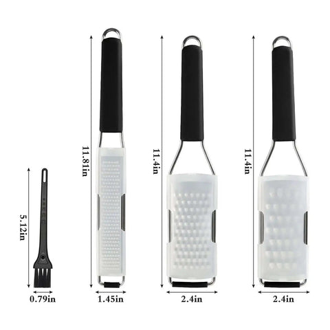 Three Piece Grater And Zester Set With Fine Coarse And Extra Coarse Holes Stainless Steel Dishwasher Safe Includes Protective Shells And Cleaning Brush