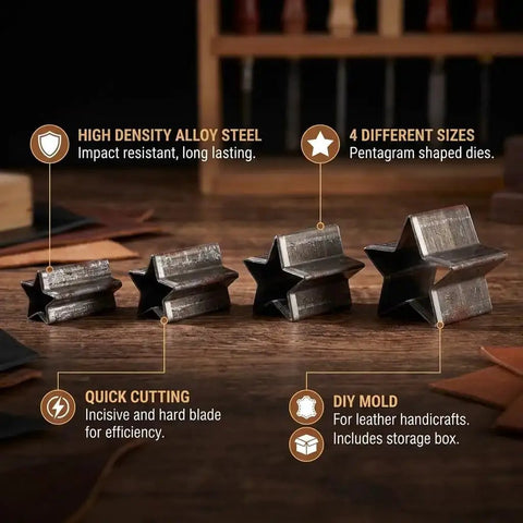 Star Shape Leather Cutting Dies Set Four Piece Alloy Steel Hollow Cutter Punch Tools With Storage Box on wooden table