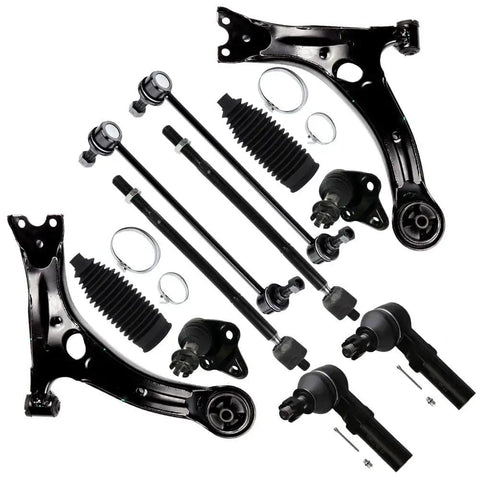 12-piece front suspension kit with lower control arms, ball joints, inner/outer tie rods and boots for Toyota Corolla