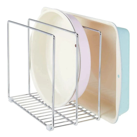 3 Slot Tray And Pan Rack For Kitchen Organization, Metal Wire Pantry Storage holding baking trays, silver finish, space-saving