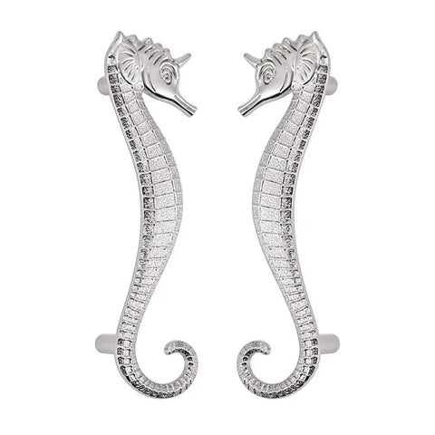 Seahorse Shaped Drawer Pulls Ocean Theme Marine Style Cabinet Hardware Zinc Alloy Coastal Metal Decorative Pulls for Dresser Chest Cabinet Cupboard and Closet in Durable Silver Finish showing two seahorse pulls