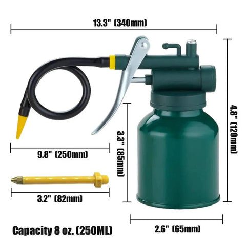 Green Metal Oil Can Set With Two Complete Sets Of Spouts For Precision Oiling Of Machinery And Automotive Parts Includes A 9 Inch Flexible Spout And 3 Inch Straight Spouts One Yellow Spout Zinc Plated Nozzles And A Durable Epoxy Finish