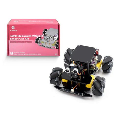 4WD Mecanum Wheel Smart Car Kit For Raspberry Pi with assembly parts, black chassis, box packaging. Raspberry Pi board not included.