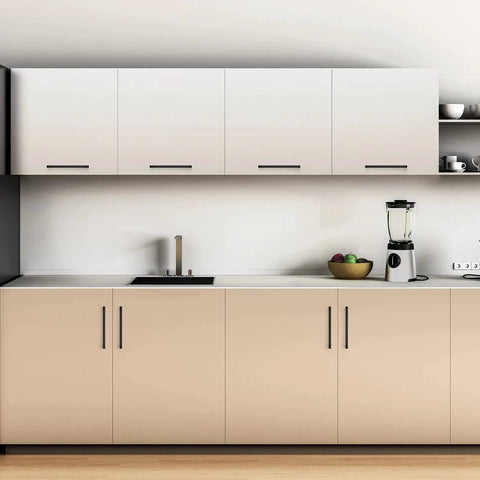 Eight Inch Square Cabinet Handles Matte Black Pulls For Kitchen Drawers And Cabinets Set Of Eighteen installed on modern kitchen cabinets