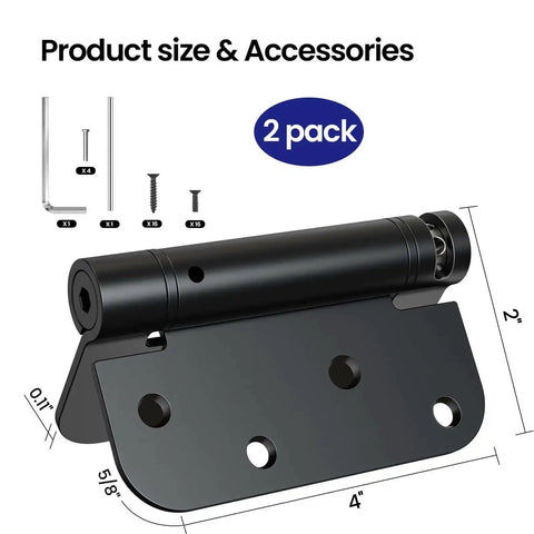 Self Closing Door Hinges 4 Inch Matte Black Spring Loaded Five Eighth Inch Radius Corners Adjustable Tension 2 Pack with accessories