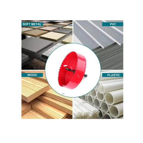 4 1/4 Inch HSS Bi-Metal Hole Saw Kit with drill bit for cutting wood, metal, PVC, and plastic, highlighting versatile use and materials.