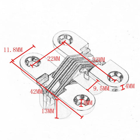 Concealed Cross Door Hinge 8x42mm Invisible Hinge 180 Degree Swing With Screws For Wood Doors Flush Doors Swing Doors And DIY Window Projects Easy Install Silver Sleek Low Profile Design For Quiet Close And Long Lasting Durability, detailed dimensions view.