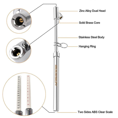 GODESON dual-head tire pressure gauge with zinc alloy heads and stainless steel body, 10–150 PSI / 1–10 Bar