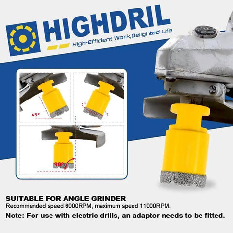Diamond Core Drill Bits Set For Porcelain Tile Granite Marble Stone Brick Vacuum Brazed Hole Saws Six Pieces 20 25 35 50 75 100mm 5 8 11 Thread Shank Wet And Dry Cutting For Drilling And Enlarging Holes Pro Grade Heavy Duty Performance shown with angle grinder attachment.
