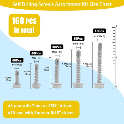 Size chart showing 160 Piece Hex Washer Head Self Drilling Screws Set In 410 Stainless For Metal Wood And Plastic, sizes #8 and #10.