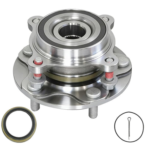 Close-up view of front wheel bearing hub assembly 4WD 5 lug fits 2008 to 2018 Toyota Sequoia and 2005 to 2018 Toyota Tundra 4x4 two piece set.
