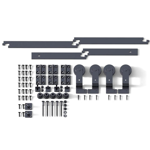 Heavy Duty 6ft Barn Door Bi-Folding Hardware Kit For Four Panels, Sliding Track System, durable carbon steel, bolts included.