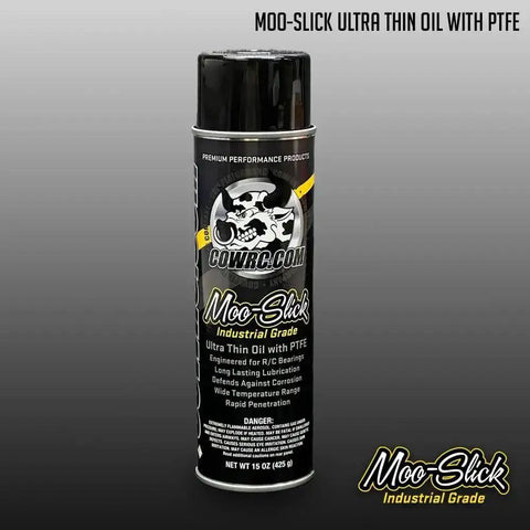 Front view of Moo-Slick Ultra Thin Oil With PTFE For RC Bearings Gears And Linkages Industrial Grade Lubricant 15 Oz can.