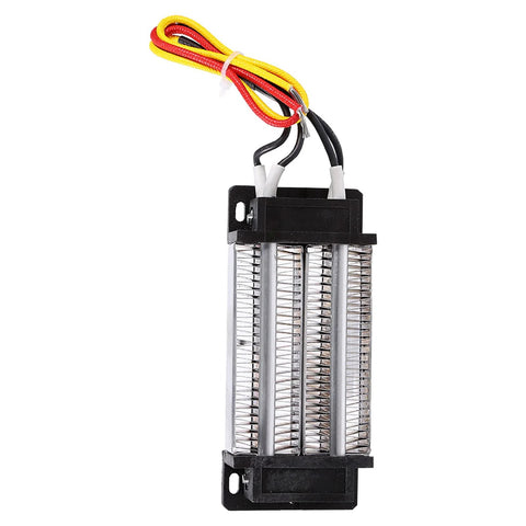12V DC ceramic air heater element with insulated metal fins; three heating cores and red, yellow, black power leads.