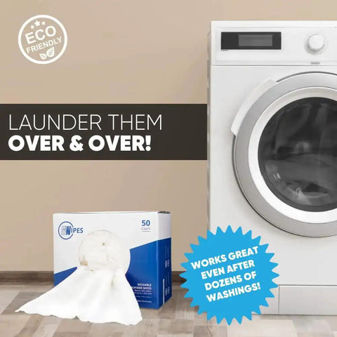 Box of Ultra-Absorbent Microfiber Rags in A Box, 50 Count, 10 By 12 Inches Reusable Wipes for Cleaning next to washing machine.