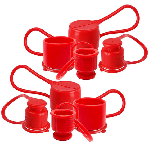 Red rubber dust caps with loop handles for 1/2" flat-face hydraulic quick-connect couplers; 4 sets.