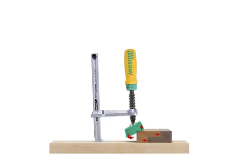 Matchfit Dovetail Clamp With X Pad Game-Changing Workholding System for Woodworking Jigs and Fixtures shown on a wooden setup