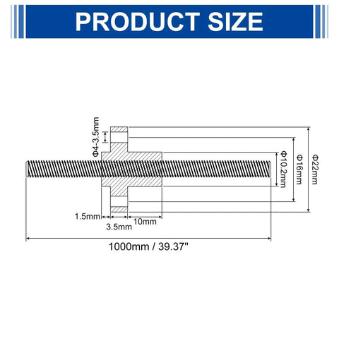 Technical diagram of 1000MM TR8X8 Lead Screw With Brass Nut dimensions, showing thread measurement in millimeters.