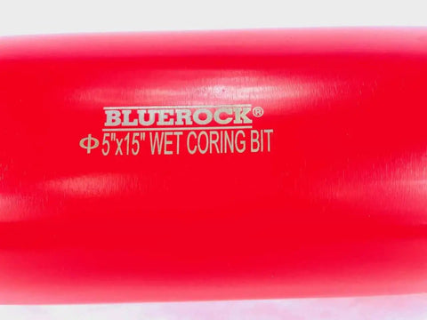 5 Inch Wet Diamond Core Drill Bit For Concrete Rebar Asphalt Brick Rock Masonry Holes 1 1 Quarter Inch Threaded Barrel 17 Inch Length Tough As Nails Heavy Duty BLUEROCK Tools, red tube close-up