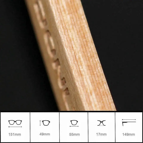 Close-up of the maple wood temples of Unisex Wooden Polarized Sunglasses With Maple Wood Temples, White And Maple Color, showing texture and dimensions.