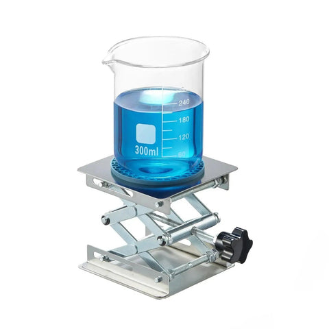 Non Slip Lab Scissor Jack Stand 4x4 Inch Platform Stainless Steel 50 To 160mm holding a beaker with blue liquid