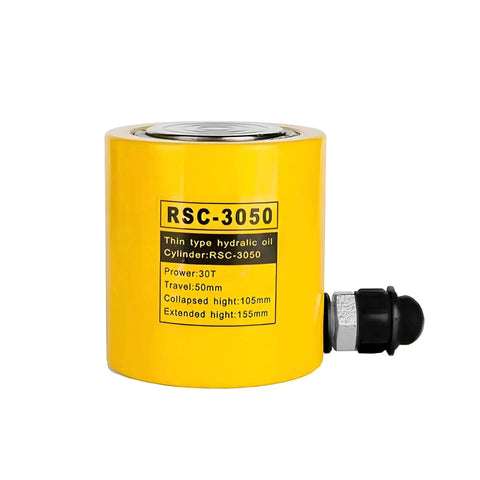 30 Ton Hydraulic Jack Cylinder Short Type With 2 Inch Stroke Porta Power Ram, yellow, with connector, front view