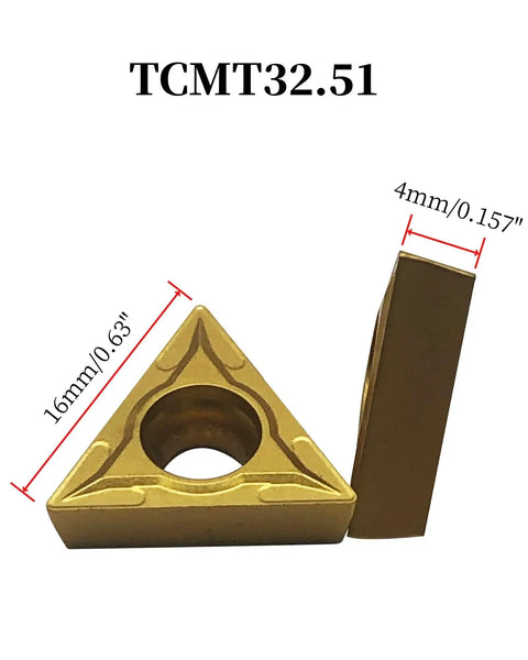 Versatile One Half Inch Shank Chamfering Tool Bit With Turning Tool Holder And Boring Bar Includes Ten TCMT 32 51 Replacement Carbide Inserts For Steel LAHDYFHOE shown in a close-up view.