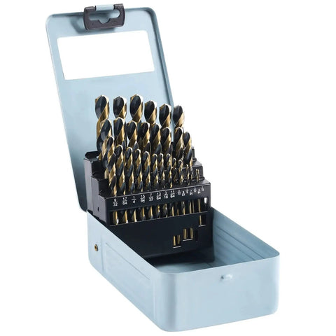 29 Piece Drill Bit Set With 135 Degree Tip High Speed Steel Black And Gold Finish For Metal Plastic And Wood In Metal Indexed Storage Case One Sixteenth To One Half Inch