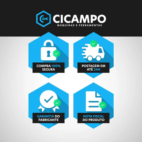 Infographic with icons: secure lock, fast delivery, warranty check, and product invoice from Cicampo Máquinas e Ferramentas.